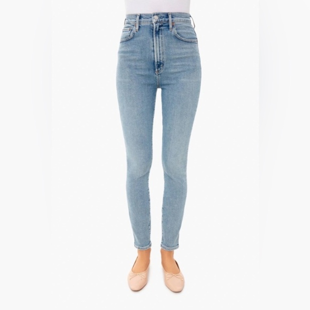 AGOLDE Denim Pinch Waist High Rise Skinny in Debut Raw Hem Distressed